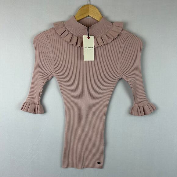 Ted Baker London Katella Fitted Top with Frill Neck Dusky Pink Size 2 or US 4-6 - Picture 1 of 12